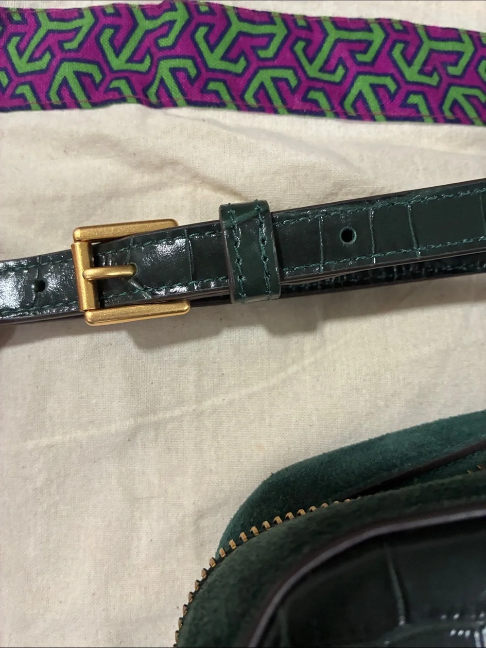 Tory Burch Forest Green Croc-Embossed Camera Bag with Gold Logo